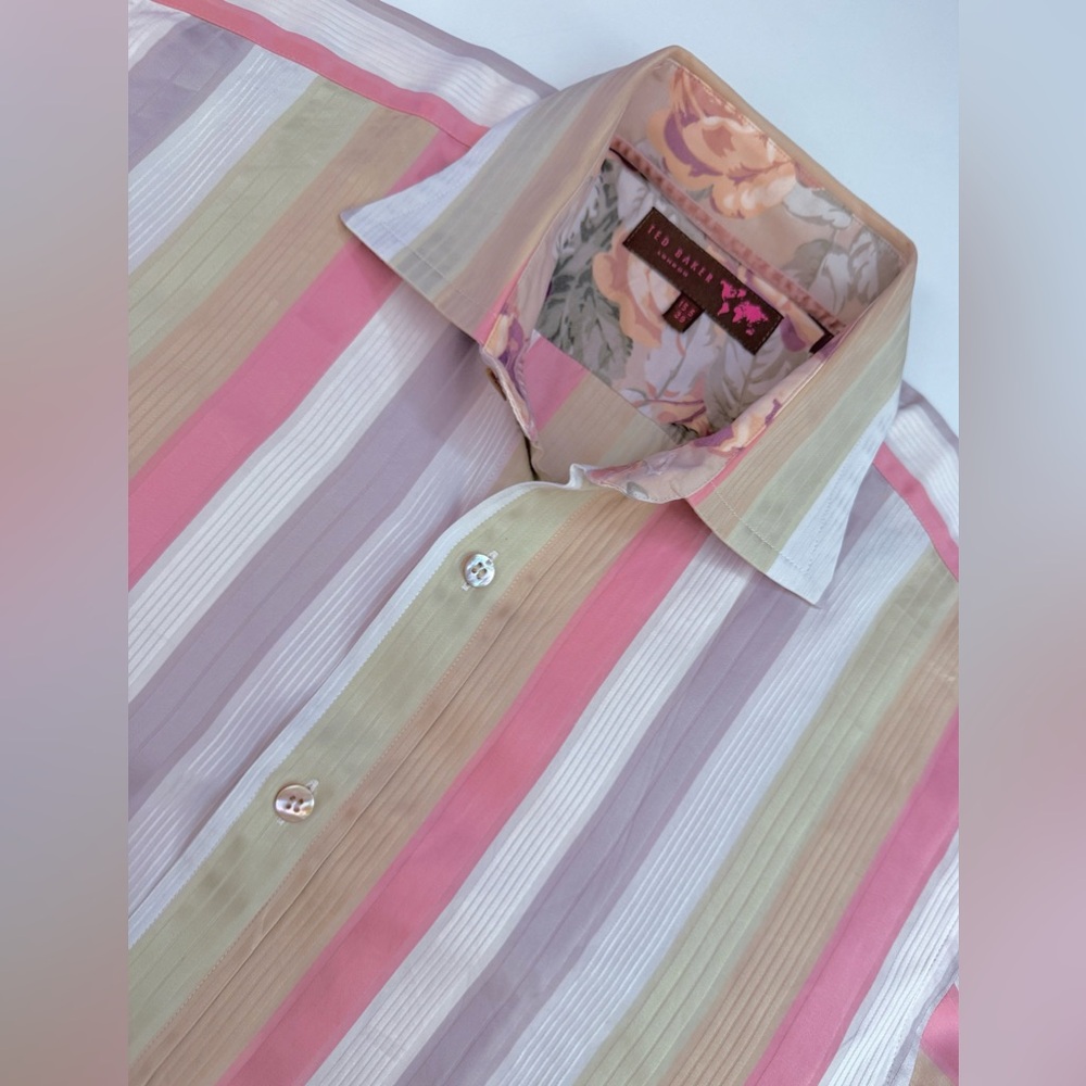 TED BAKER LONDON Mens 15.5/39 Flip Cuff Striped French Cuff Pearl Buttons Sheen - Picture 4 of 14